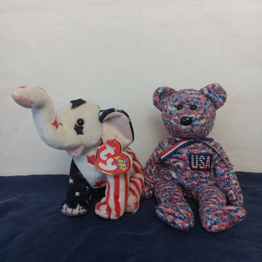 Ty Beanie Babies 2000 USA Bear And Righty Elephant Plush Fourth of July